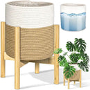 PAULINN Plant Basket with Stand 11" x 11", Woven Basket with Bamboo Plant Stand, for Indoor Plant, Fits Up to 10 Inch Plant Pots, White and Beige by GreenHaven Gardens