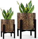 Harvest Land Plant Pots with Stand, Set of 2 Large Modern Planters Metal Tall Handmade Flower Pots with Drainage Holes Indoor Outdoor,Bronze by CozyNest Decor