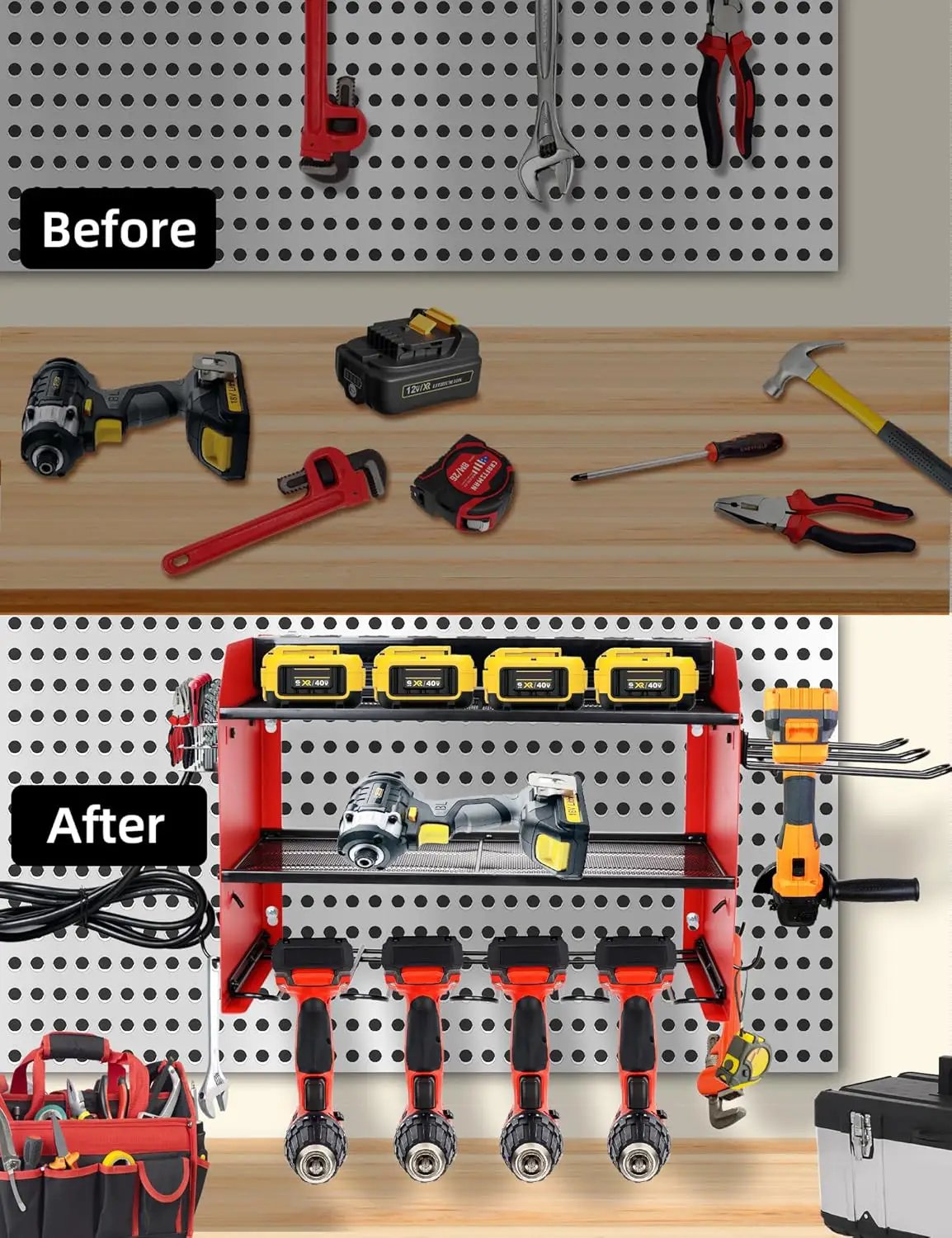 Power Tool Organizer wtih Charging Station，3 Layers Storage Rack with Screwdriver Rack 6 Drill Holders 8 Outlets Max Load 110lbs，for Workshop Garage Organizers and Storage Tool Battery Holder (red), photo 6 of 6