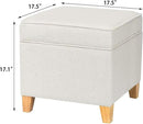 Adeco 17.5" Square Fabric Ottoman with Storage - Upholstered Cotton Linen Foot Rest - Flip Top Footstool with Sturdy Wood Legs, Small Cube Coffee Table Extra Seat for Living Room, Bedroom, White by CozyNest Decor