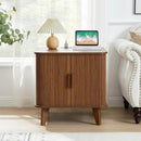 Farmhouse Square End Table with Charging Station, 24" Large Fluted Sofa Side Table with Sliding Tambour Door and Storage, Rustic Curved Wood Nightstand for Living Room, Bedroom, Walnut by CozyNest Decor