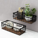 MyGift Set of 2 Wire Baskets for Pantry, Wall Mounted or Tabletop Black Metal Baskets for Organizing with Burnt Wood Base and Handles by CozyNest Decor