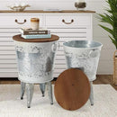 Rustic Storage Farmhouse Accent Side Table, Antique Galvanized Metal End Coffee Cocktail Table Box Bin with Round Wooden Lid Set of 2 (Distressed White) by CozyNest Decor