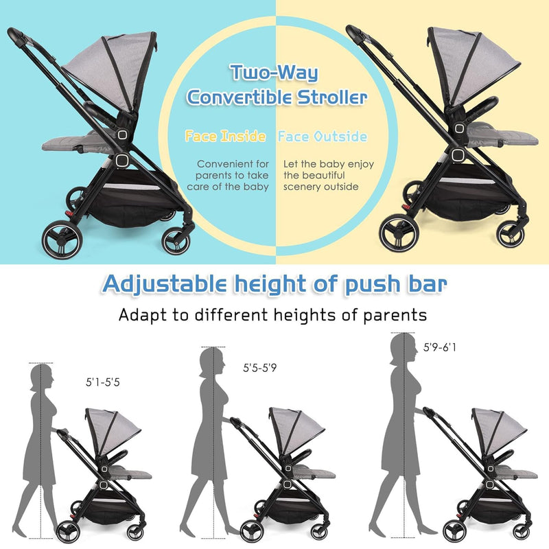 2 in 1 Convertible Baby Stroller Carriage Bassinet to Stroller Adjustable Footrest & Canopy, 5-Point Seat Belt, Lightweight Aluminum Frame, Gray