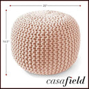 Casafield Round Pouf Ottoman, Light Pink - 20" Diameter x 14.5" High Cotton Knit Foot Stool - Boho Floor Pouffe for Living Room, Bedroom, Home Office by CozyNest Decor