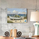 amatop Coastal Wall Art– Beach Scene Picture with Boat on Sandy Shore, Flowers and Sea Birds, Blue Ocean Seascape Themed Canvas Print Nautical Artwork for Bathroom and Bedroom Decor, Small 16x12 Inch by CozyNest Decor