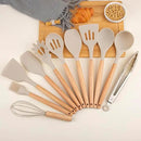 Silicone Cooking Utensils Set, Premium Beech Wood Handle Kitchen Gadgets Utensil Set, Non-Stick Kitchen Utensils Spatula, Tongs, Turner, Whisk, Brush, Spoon, BPA FREE, 446°F Resistant (Khaki) by CozyNest Decor