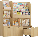 FOTOSOK 47'' Kids Bookshelf with Toy Storage, Multifunctional Bookcase with 5 Storage Cubbies and 3 Movable Drawers, Toy Storager Display Stand, Toy Organizer and Storage for Playroom,Bedroom, Natural by TinyTreasures Baby Boutique