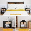 LEVNARY Nightstand Set of 2, Mid-Century Modern Bedside Table with Charging Station and Fabric-Like Textured Drawer, Wooden End Table for Farmhouse Bedroom Living Room (2, Black) by CozyNest Decor