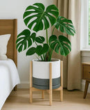 D'vine Dev Ceramic Planter with Natural Stand - 12 Inch Modern Round Flower Pot with Wood Planter Holder, White/Grey, 55-B-J-6 by CozyNest Decor