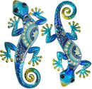 HONGLAND Metal Gecko Wall Art 2Pcs Outdoor Wall Decor Lizard Metal Hanging Wall Decoration Glass Sculpture for Garden Yard Patio Fence Home (Blue) by GreenHaven Gardens