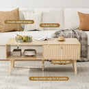 Coffee Table with Storage, Boho Dining Table with Fluted Drawer and Solid Wood Legs, Small Coffee Tables for Living Room, Oak by CozyNest Decor