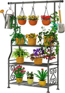 GIOTORENT Plant Stand Indoor Outdoor, 3-Tier Heavy Duty Metal Shelves, Display up to 14 Multiple Plants, Tall Plant Holder with Plant Hanger, Suit for Patio Living Room Garden Balcony, 5 Hooks, Black by GreenHaven Gardens