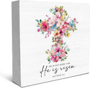 SRADMO He Is Risen Sign, Floral Cross Easter Christian Wood Box Sign Desk Decor, Christian Easter Decorations, Easter Theme Wooden Block Box Decoration for Home Office Shelf Table Decor by CozyNest Decor