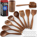 PriorityChef Premium Wooden Spoons for Cooking - 8pc with Utensil Holder, Spoon Rest and Hanging Hooks, Smooth Finish Teak Wooden Utensil Set, Heat-Resistant & Nonstick Safe, Ideal for Gifting by CozyNest Decor