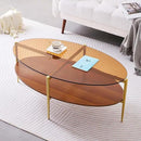 Oval Glass Coffee Table, Mid-Century Modern Design, L43 x W22 x H17 inch, 2-Tier Structure, Olive Shaped Amber Glass Top and Walnut Finish Wood Shelf, Tapered Legs with Gold Finish Frame by CozyNest Decor