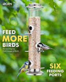iBorn Metal Bird Feeders 6 Ports Hanging Wild Bird Seed Feeder for Mix Seed Blends, Niger Seed Feeder, Sunflower Heart, Birdbath, Heavy Duty All Metal Nickle Finishing 14 Inch 6Port by CozyNest Decor