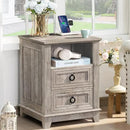 18" Farmhouse Night Stands Set of 2 with Charging Station, 2 Drawers End Table Dresser for Bedroom, Oak Wooden Nightstand, Bed Side Table with Open Shelf, Bedside Cabinet for Living Room by CozyNest Decor