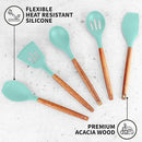 Zulay Kitchen Non-Stick Cooking Utensils Set with Authentic Acacia Wood Handles – 5-Piece Durable & Stylish Silicone Kitchen Utensils Set – Heat Resistant to 464°F – Aqua by CozyNest Decor