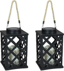 Sunnydaze Modern Crosshatch 9-Inch Solar LED Decorative Candle Lantern - Tabletop/Hanging Light - Set of 2 - Black by GreenHaven Gardens