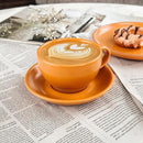 Mora Ceramic Latte Art Mug With Saucer - 10.5 oz, Round Bottom For Perfect Pours - Cafe Cups for Cappuccino, Espresso, Coffee, Tea etc - Porcelain Set for Baristas, Great Gift - Pumpkin Orange by CozyNest Decor