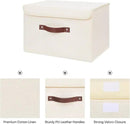 ANMINY Storage Bin with Lid Storage Boxes with PU Leather Handles PP Plastic Board Decorative Foldable Lidded Cotton Linen Fabric Home Cubes Baskets Closet Organizer Container - Beige, Large Size by CozyNest Decor