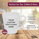 DISCOUNT PROMOS Custom Glossy Ceramic Latte Coffee Mug 12 oz. Set of 100, Personalized Bulk Pack - Perfect for Tea, Espresso, Cappuccino, Hot Cocoa - White by CozyNest Decor