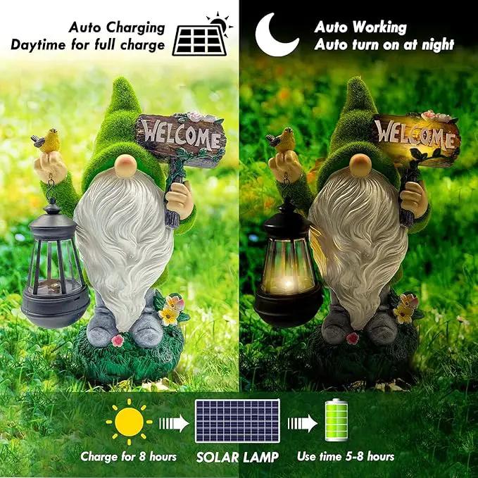Lovinland Garden Gnome Statue Outdoor Decor Large Flocked Resin Gnome Figurine with Solar Light Holding Lantern Welcome Sign Garden Yard Decorations Dwarf Sculpture for Outside Patio Porch Lawn Decor, photo 3 of 7