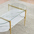 Oval Coffee Table, Mid-Century Modern Design, L41 x W21 x H17 inch, for Living Room, Clear Glass Top, White Marble Finish Wood Shelf & Gold Finish Frame by CozyNest Decor
