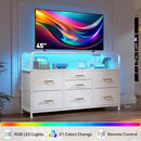 TV Stand for Bedroom with LED Lights & Charging Station, 7 Drawer with Open Shelf, Media Console for Living Room & Chest of Drawers for Closet, Entryway, Hallway, 4 Hooks, White by CozyNest Decor