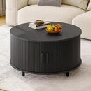 Round Coffee Table with Storage, 31.5" Modern Coffee Table with 360° Curved Sliding Door, Fluted Wood Accent Coffee Table with Adjustable Footpads, Round Center Table for Living Room, Black by CozyNest Decor