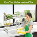 2 Tier Extra Large Stainless Steel Expandable Over The Sink Dish Drainer Drying Rack, Rust Proof Metal, Space Saving, Modern Silver Big Capacity Extendable Plate Strainers Above Kitchen Counter by CozyNest Decor