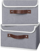 ANMINY 4PCS Storage Bins with Lid PU Leather Handles Storage Boxes PP Plastic Board Decorative Foldable Lidded Cotton Linen Fabric Home Cubes Baskets Closet Organizer Containers - Gray, Small Size by TinyTreasures Baby Boutique