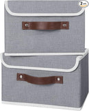 ANMINY 2PCS Storage Bins with Lid PU Leather Handles Storage Boxes PP Plastic Board Decorative Foldable Lidded Cotton Linen Fabric Home Cubes Baskets Closet Organizer Containers - Gray, Small Size by TinyTreasures Baby Boutique