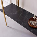 Glass Console Table for Living Room, Foyer & Entrance, 2-Tiers Mid-Century Modern Sofa Table with Grey Glass Top, Black Marble Finish Wood Shelf and Gold Finish Frame by CozyNest Decor