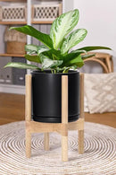 D'vine Dev Ceramic Planter with Natural Stand - 8 Inch Modern Round Flower Pot with Wood Planter Holder, Black, 55-B-N-2 by CozyNest Decor