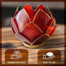 Blooming Lotus Capiz Shell Tealight Candle Holder, Handcrafted Decorative Tea Light Candleholder with Translucent Flower Petals for Ambient Illumination and Natural Elegance, Red by CozyNest Decor