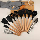 Silicone Cooking Utensils Set, Premium Beech Wood Handle Kitchen Gadgets Utensil Set, Non-Stick Kitchen Utensils Spatula, Tongs, Turner, Whisk, Brush, Spoon, BPA FREE, 446°F Resistant (Black) by CozyNest Decor