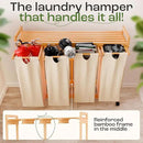 Laundry Sorter with 4 Sections beige, Hamper with Removable Cotton Bags & Wheels – Perfect Laundry Organizer - Eco-Friendly Rolling Laundry Basket – Durable Bamboo and Stylish Design by CozyNest Decor
