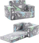 Toddler Chair Kids Couch, 2-in-1 Toddler Soft Sherpa Couch Fold Out Armchair with Removable Cover, Convertible Reading Chair Toddler Sofa for Kids, Glow in The Dark Plush Grey Dinosaur by CozyNest Decor