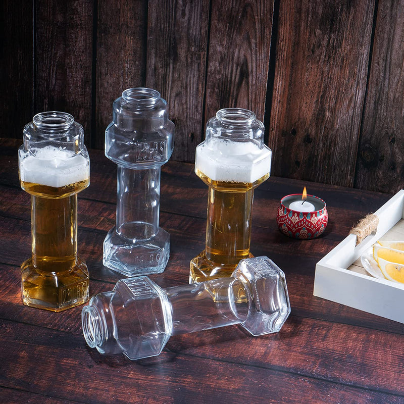 The Wine Savant Set of 4, Dumbbell Beer & Whiskey Glasses, Giant Lifting Beers 26oz Glass | Large Weightlifting to Scale Funny Beer Mug | For Men & Women Cool Beer Glasses Perfect, Gifts for Dad