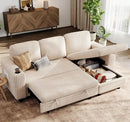 LINSY HOME Sectional Sleeper Sofa with Pull Out Couch Bed - Convertible Plush Corduroy Cloud Couch with Storage Chaise & USB Charging, Comfy L Shaped Modular Couches for Living Room Apartment, Beige by CozyNest Decor