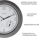 CLXEAST 18 Inch Farmhouse Illuminated Outdoor Atomic Wall Clock with Thermometer & Hygrometer Combo, Night Lighted Wall Clock with Smart Sensor, Weather Stations,Brushed Grey Oak Finish by CozyNest Decor