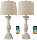 BOBOMOMO 27" Table Lamp with USB C+A Charging Ports Set of 2 Antique Nightstand Lamp for Bedroom Living Room Farmhouse Office Retro Rustic Resin Bedside Desk Lamps Washed White by CozyNest Decor