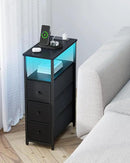 TUTOTAK Narrow LED Night Stand with Charging Station, Slim End Table with Plugins, Tall Side Table with 3 Fabric Drawer, Small Bedside Table with Storage, for Living Room, Black TB01BK086L by CozyNest Decor