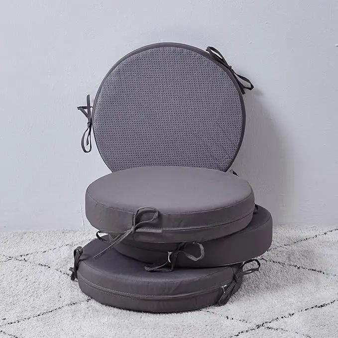 15 x 15 Inch Round Cushions for Outdoor Furniture Non-Slip Waterproof Patio Bistro Chair Cushion with Ties Bar Stool Seat Cushion for Kitchen Chairs Set of 4, Dark Gray