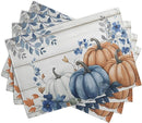 Autumn Placemats Blue Pumpkin Fall Place Mat Eucalyptus Leaves Floral Wood Grain Table Mats Thanksgiving Harvest Linen Placemat Party Kitchen Dining Decoration 12x18 Inch Set of 4 by CozyNest Decor