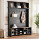 Ball & Cast 4-in-1 Hall Tree with 6 Hooks,Walnut Entryway Bench with Adjustable Shelves,Rustic Shoe Organizer with 16 Open Compartments,for Mudroom,Living Room,Hallway,Black by CozyNest Decor
