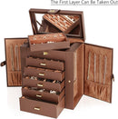 AKOZLIN Large 6-Tier Jewelry Box Organizer Functional Huge Lockable,5 Drawers Leather Jewelry Storage Case for Women Girls Ring Necklace Earring Bracelet Holder Organizer with Mirror Brown by TinyTreasures Baby Boutique