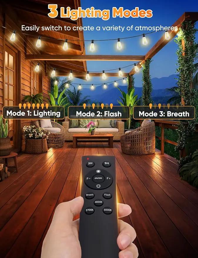Brightever 200FT Outdoor String Lights with Remote, 2700K/4000K/5000K Selectable LED Patio Lights with 60+2 ST38 Vintage Edison Bulbs, 3 Lighting Modes, 3H/5H Timer, Dimmable String Light for Outside, photo 3 of 7